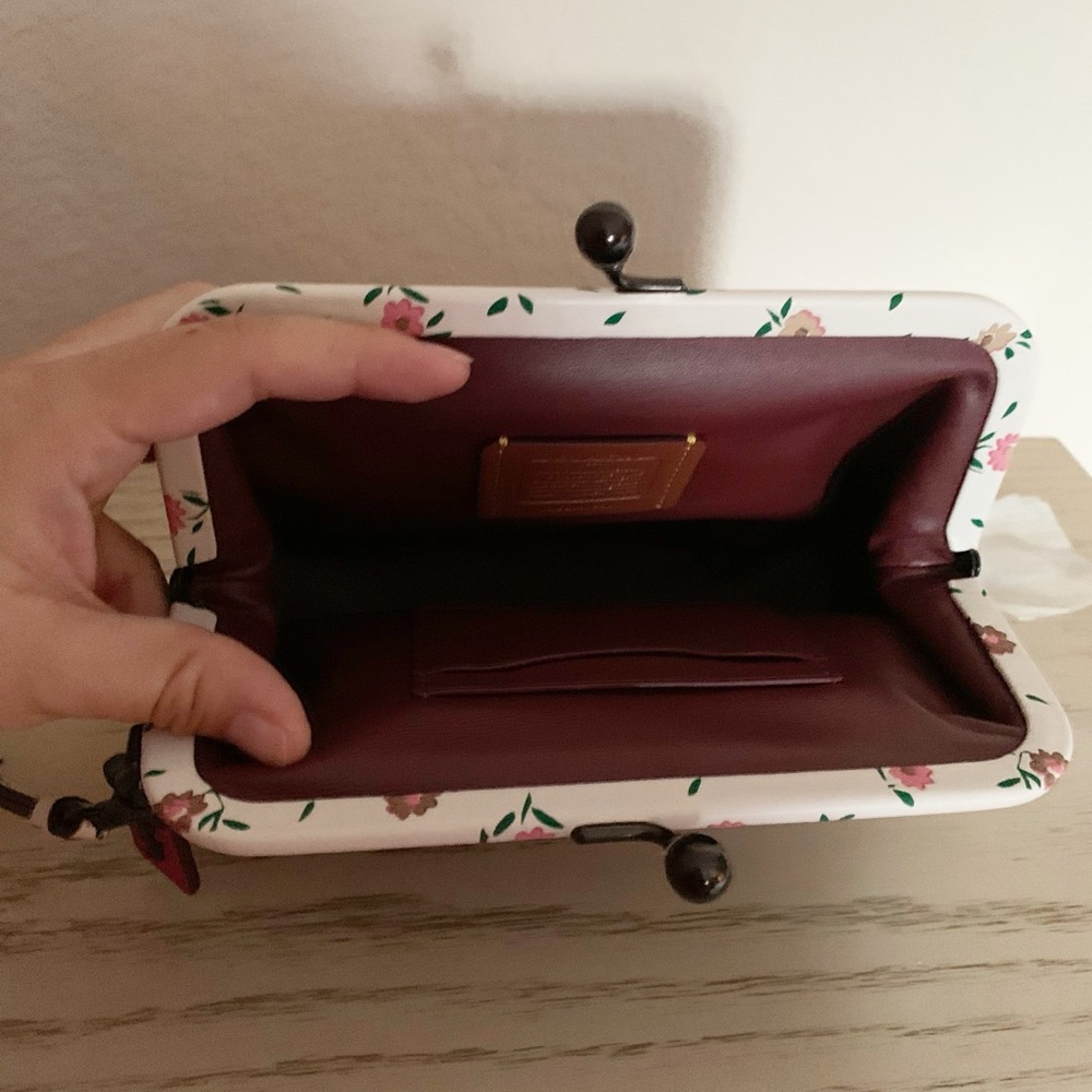 Coach Brown Leather Kiss-Lock Wristlet with Floral Frame